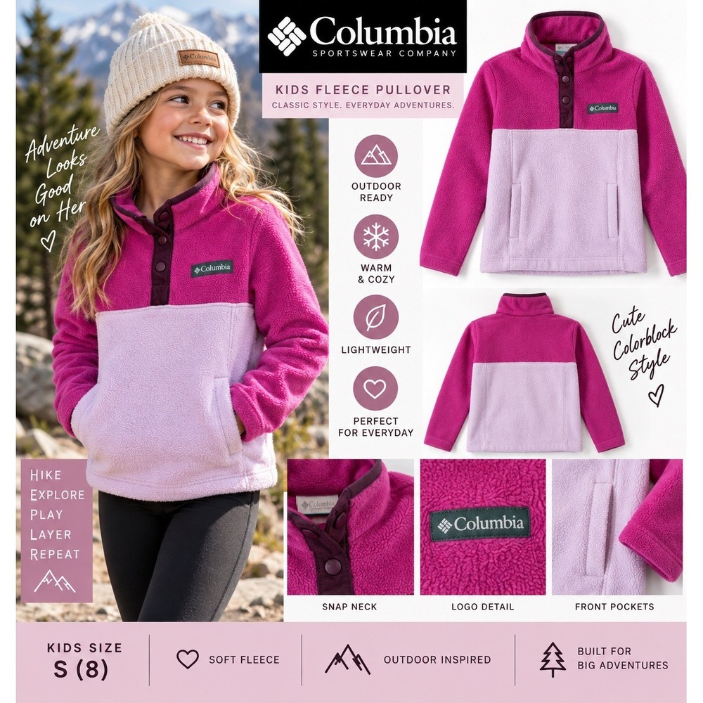 Columbia Kids Jacket S 8 Fleece Pullover Pink Purple Colorblock Snap Neck Girls